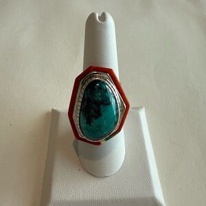 Tony Sanchez Handmade Sterling Silver Turquoise Coral Malachite Jet Ring Size 7